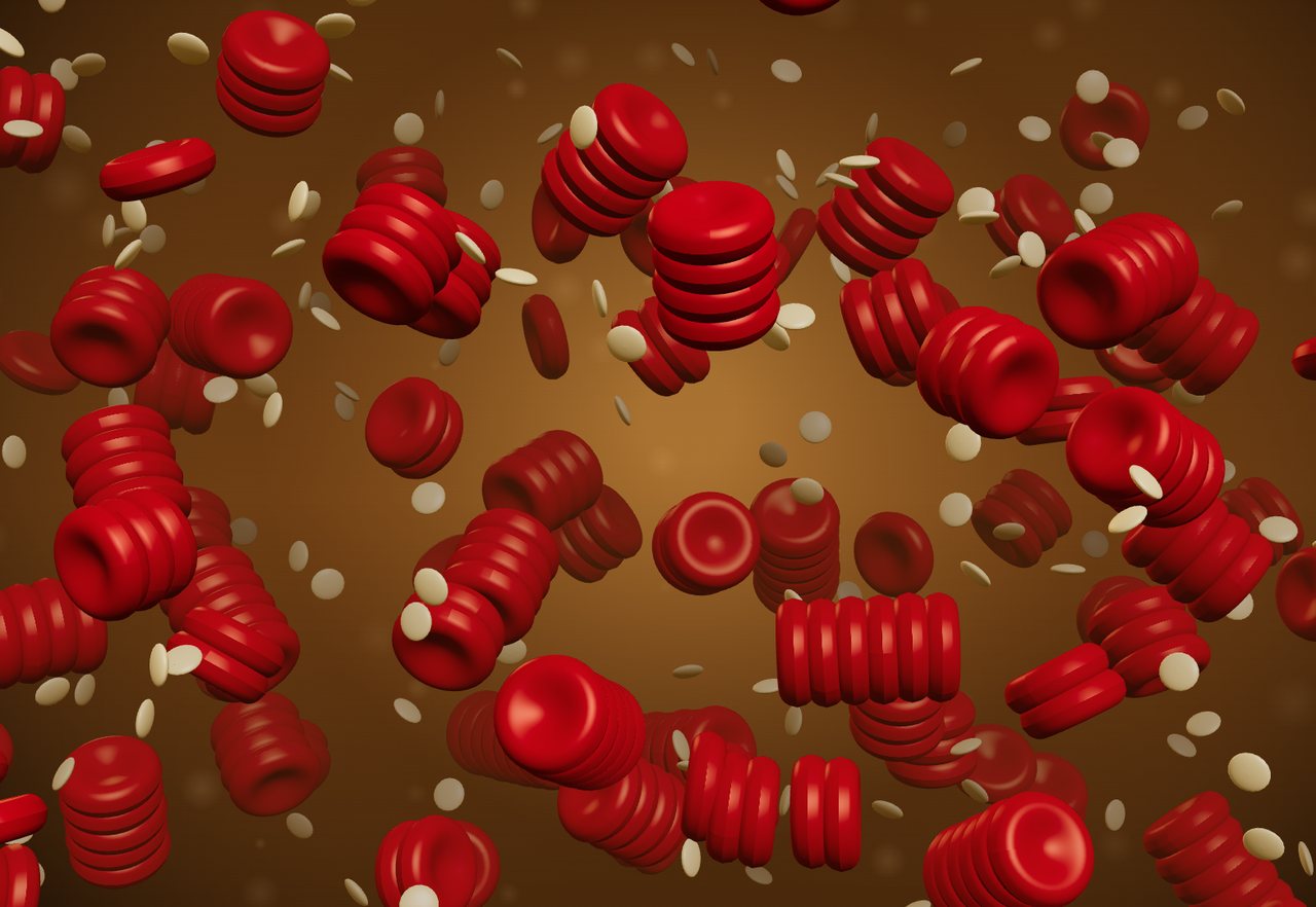 Illustration: red blood cells stacked into rouleaux among smaller platelets