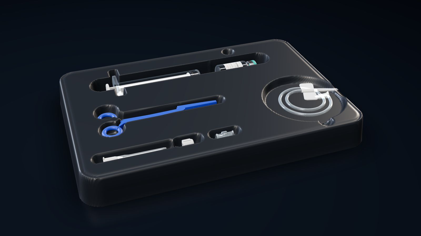 Render: the No Spin PRP kit in its tray: processing syringe, excipient vial, positioning clamp, needle, cap, connector, and butterfly set